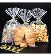 120 PCS Clear Cellophane Treat Bags with Gold Twist Ties, 6.5x10 Inches Plastic Goodie Gift Bags ...