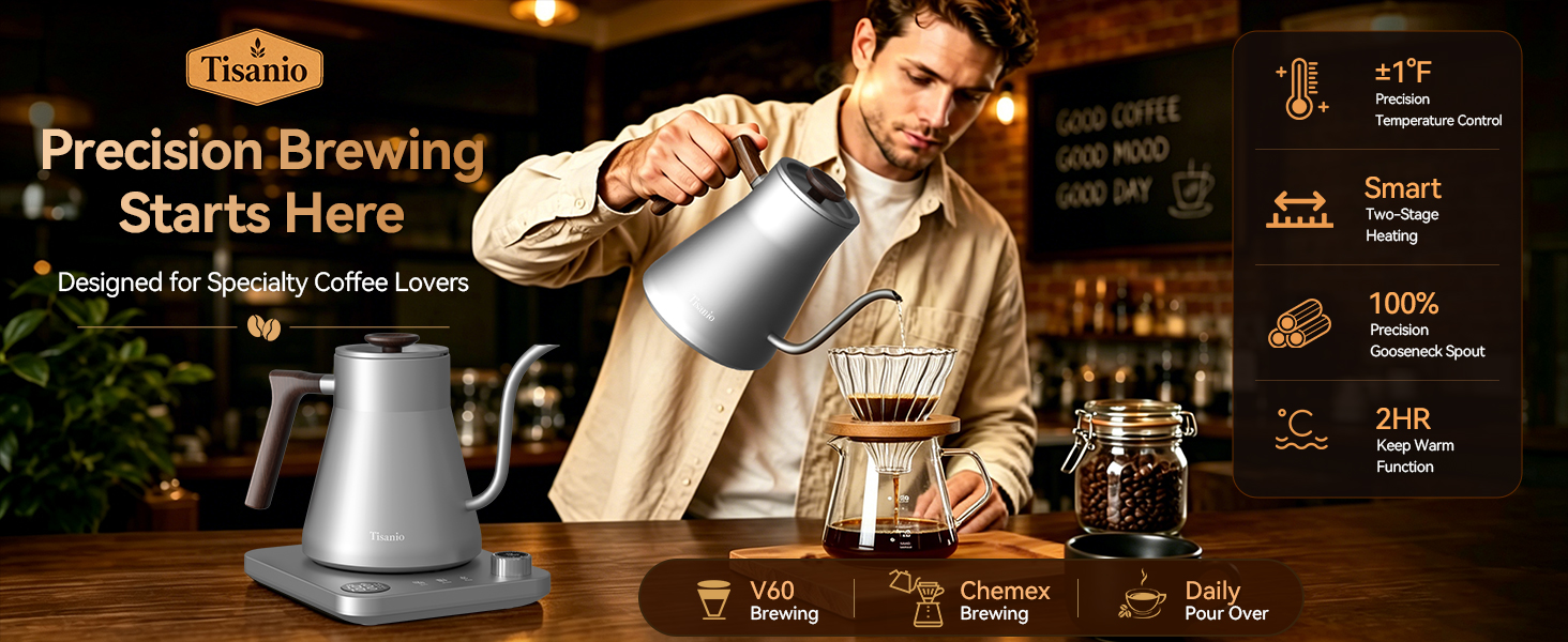 Gooseneck kettle for precision coffee brewing with temperature control system