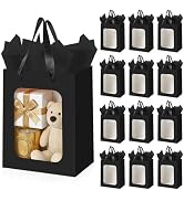 Ethhqu 12-Pack Black Kraft Gift Bags with Clear Window and Handles, Includes Tissue Paper, 9.8x7x...