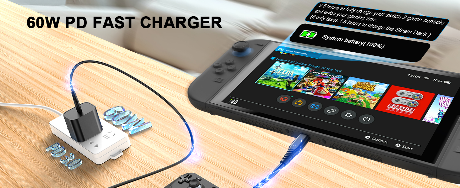 Switch 2 Charger 60W PD 3.0 Fast Charging for Nintendo Switch 2, Steam Deck, Asus Rog Ally