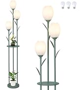 3-Light Flower Floor Lamps for Living Room, Green Floor Lamp with Shelves, Unique Tulip Standing ...