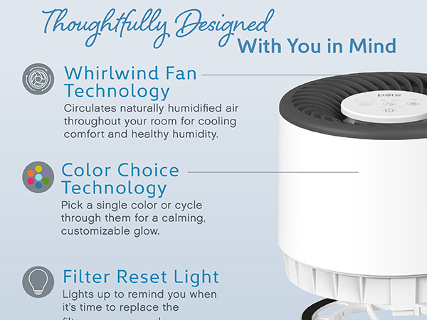 pure enrichment whirlwind fan technology evaporative humidifier with filter and nightlight