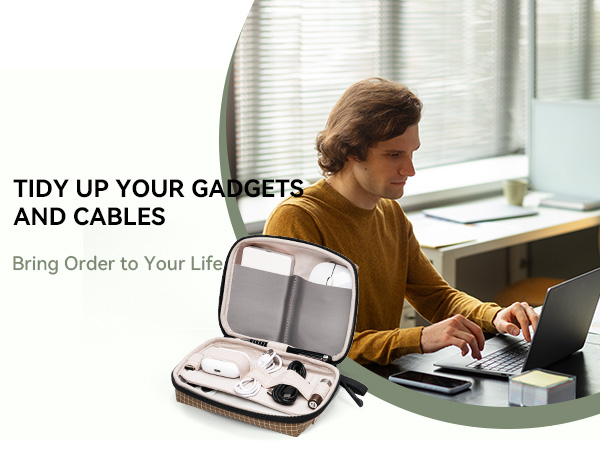 Text reads 'TIDY UP YOUR GADGETS AND CABLES' 'Bring Order to Your Life'. Desk organization product shown with various cables and devices neatly arranged.
