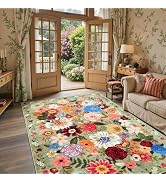 Floral Machine Washable Rug Green, 3x5 Rug Non Slip Soft Bedroom Rugs for Entryway Dorm, Ultra-Th...