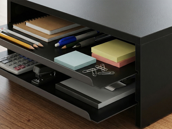 Monitor stand with two slide-out trays, providing storage for items and keeping your desk organized.