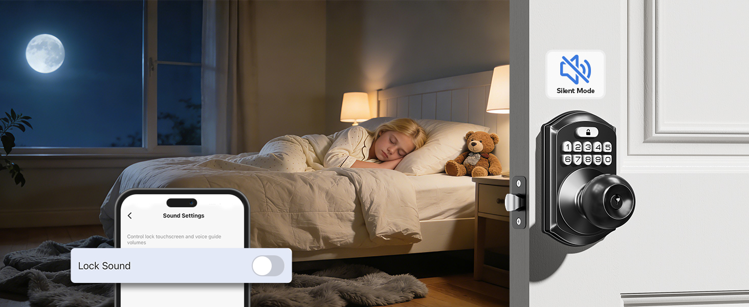 Silent Mode mutes the lock’s beeps, letting you lock/unlock quietly without disturbing others.