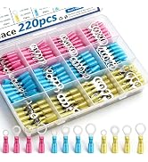 smseace 220PCS Heat Shrink Ring Terminals #10,1/4",5/16",3/8" Heat Shrink Ring Connectors 22-16AW...