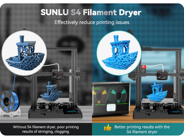 Text reads 'SUNLU S8 Filament Dryer'. Product marketing images showing a filament drying device with blue illuminated components and technical specifications.