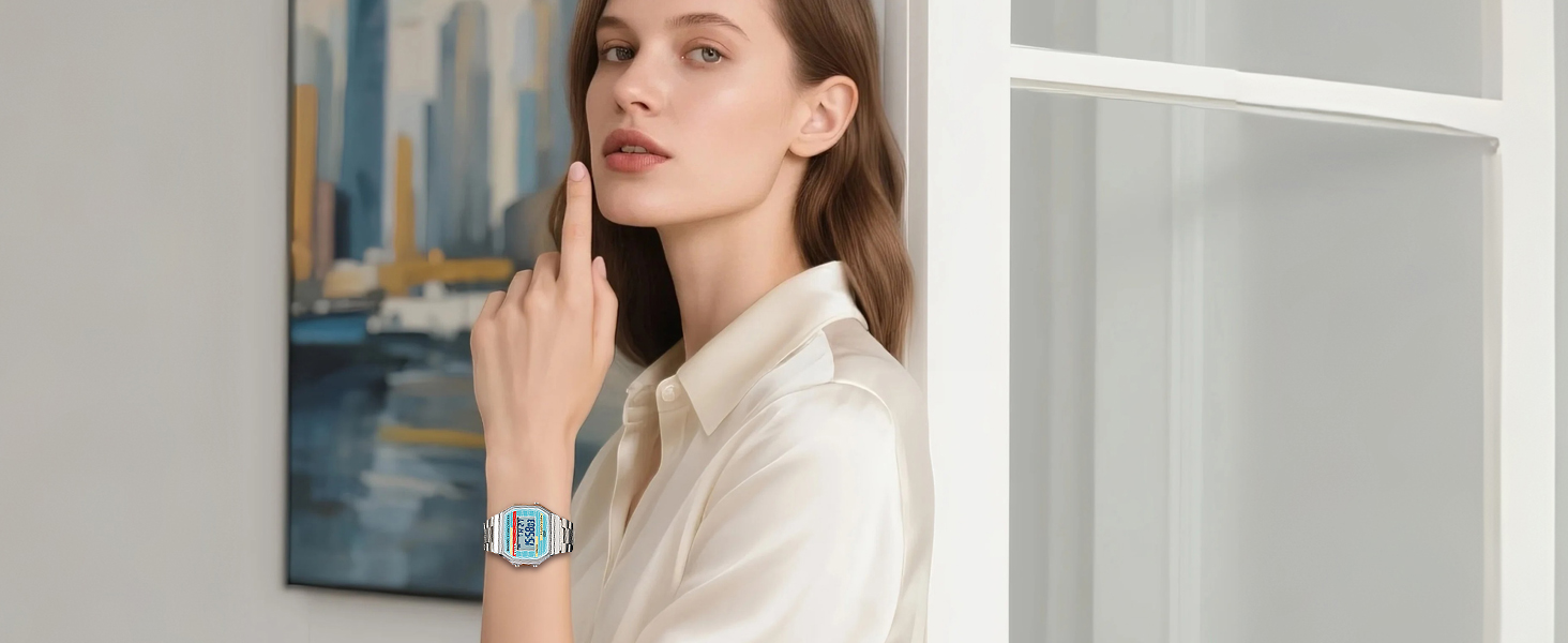 Woman wearing a silver square digital watch stainless steel bracelet retro style for everyday wear
