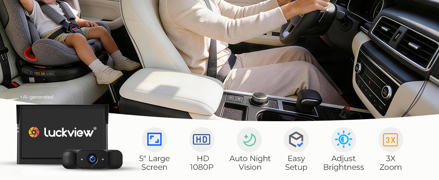 Baby car monitor 5 inch screen provides clear wide view of rear facing baby