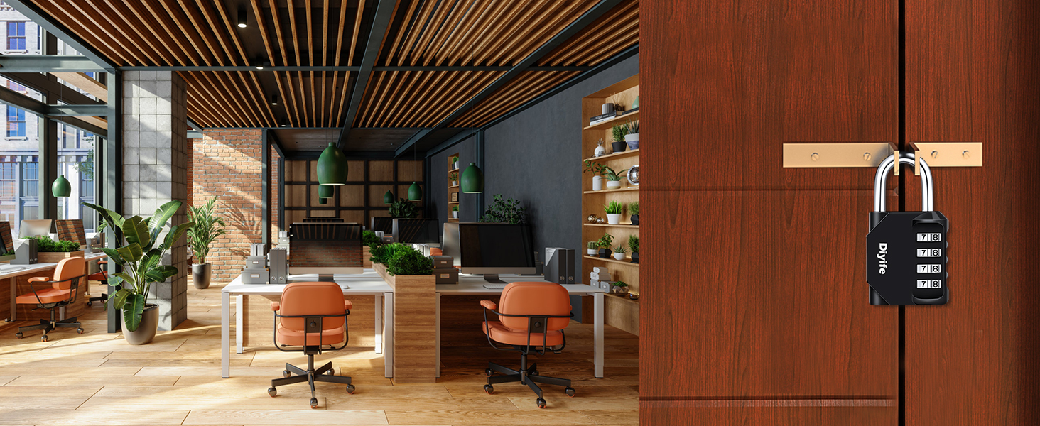 Modern office space with wooden ceiling, large windows, and plants. Wooden desks, orange chairs, and a black combination lock hanging on a wooden door in the foreground.