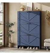 Nicetree 3-Drawer Flip Shoe Cabinet – Shaker Barn Door Accent, Farmhouse Blue Finish – Ultra Slim...