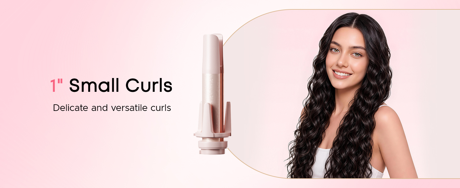 Close-up of a female model with curly hair and the product.