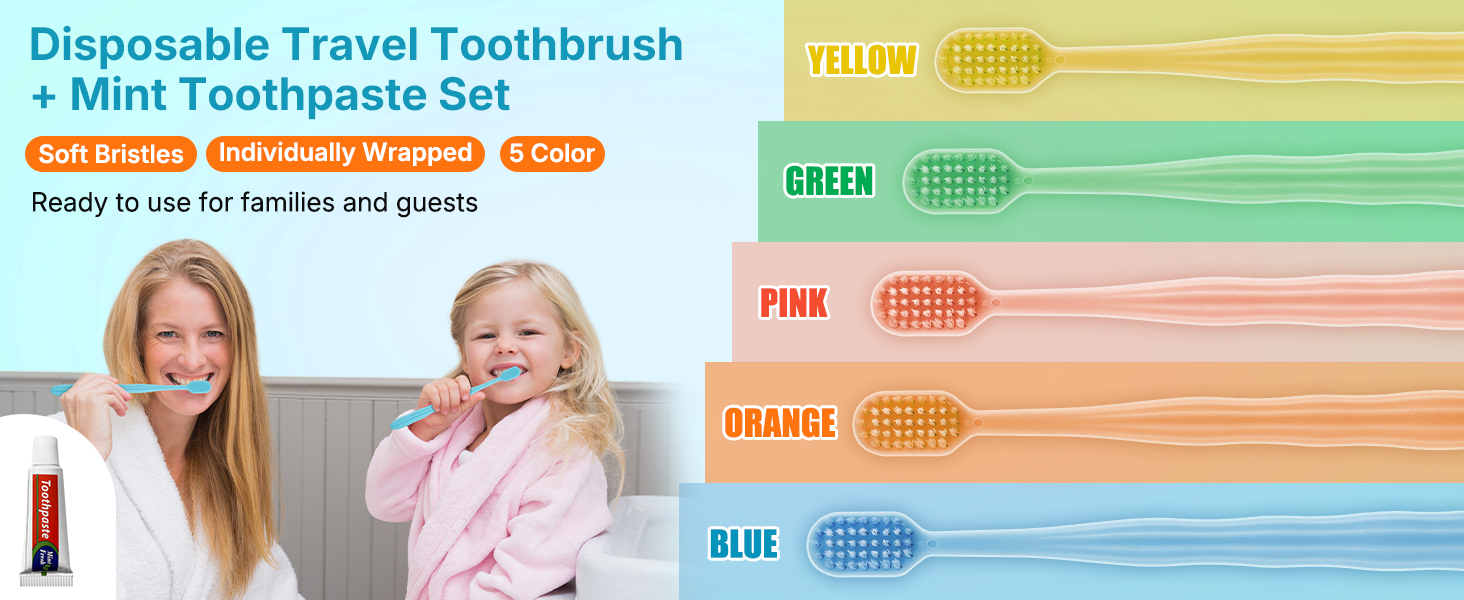 Disposable travel toothbrush set with mint toothpaste; 5 colors for family and guests