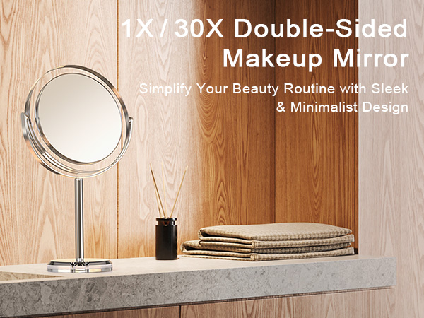 Dual-sided 1X/30X makeup mirror on bathroom with elegant design