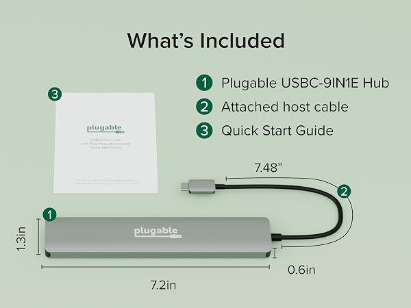 usb c hub pluggable with host cable quick start guide and 7.2in by 1.3in dimensions
