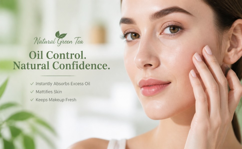 Woman with clear skin holding green tea blotting papers