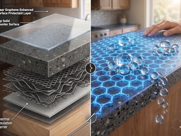 Side by side images showing the layer of the counter and how SqueCle sits on top and protects