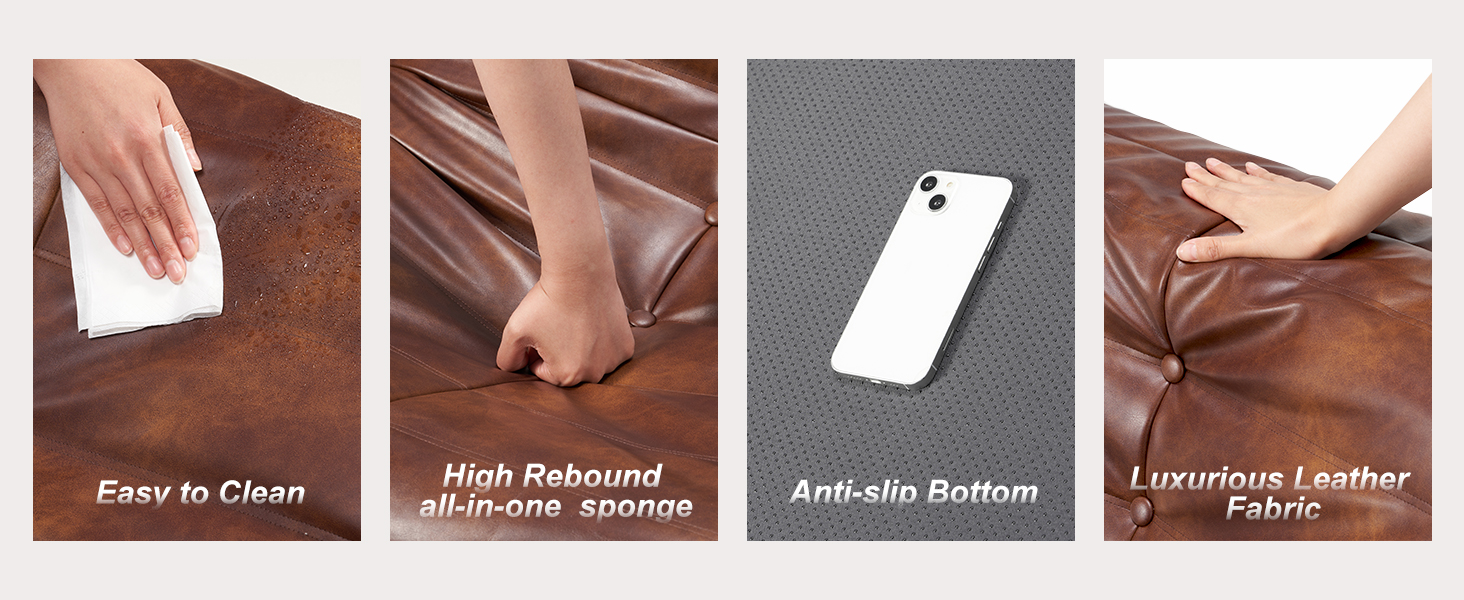 The bean bag sofa has four features:easy to clean,high rebound,anti-slip,and luxurious leather