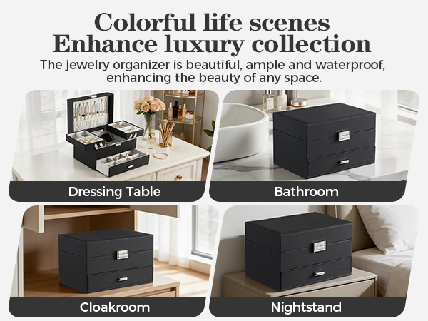 Dajasan black jewelry box, elegant gold trim aesthetics, stylish dresser top storage for jewelry.
