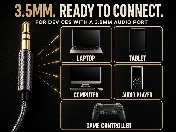 Graphic showing universal compatibility of a 3.5mm headphone plug with everyday devices