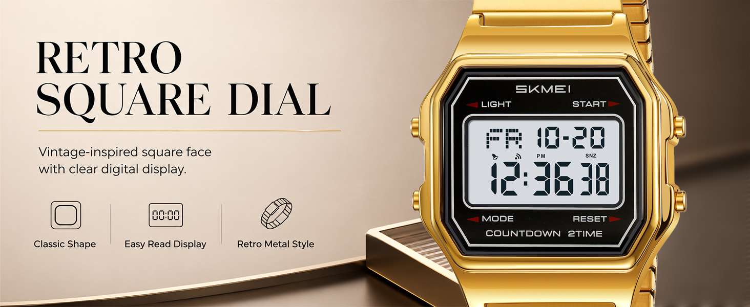 Retro square dial digital watch, vintage gold bracelet, large clear LCD display