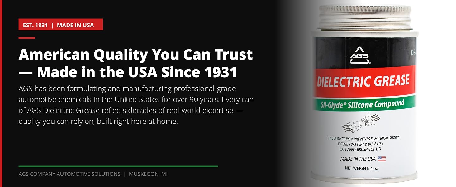 AGS Dielectric Grease 4oz brush-top can on black background with EST. 1931 & Made in USA callout