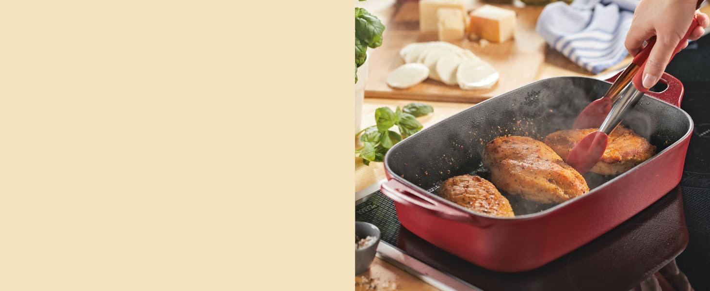 nitro cast iron rectangular roaster, rectangular baker, cast iron, oven baker, easy clean cast iron