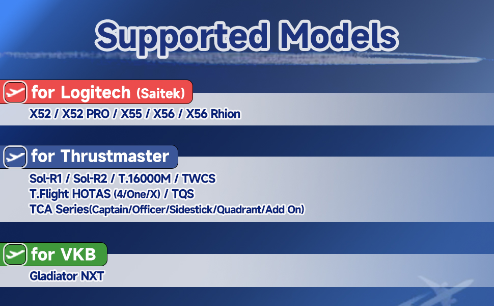 Text reads: 'Supported Models: For Logitech X52, X52 PRO, X55, X56, X56 Rhino, T-Flight, Saitek T.16000M, TWCS, T.Flight HOTAS, Gladiator NXT, For Thrustmaster, For VKB'