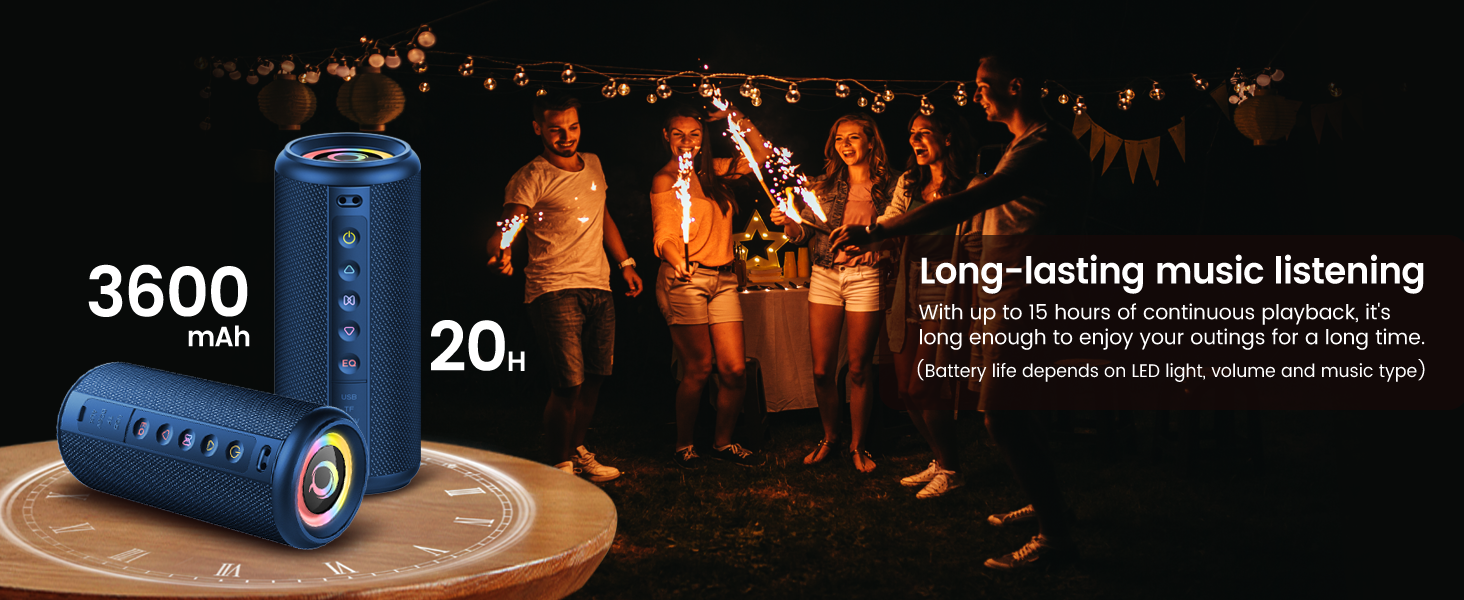 Cylindrical blue wireless speaker shown in different angles, with concert crowd scene in background suggesting audio performance context.