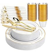 Pryntono 350 PCS White and Gold Plastic Dinnerware Set for 50 Guests, 100 Thanksgiving Disposable...