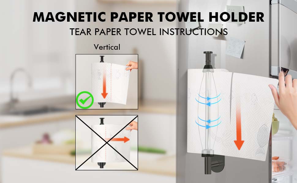 one hand,frige,paper towel holder