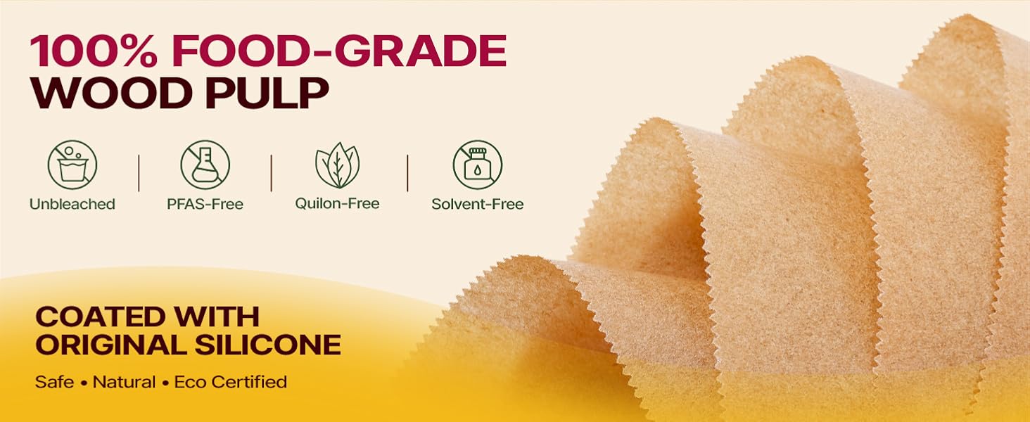 Text reads '100% FOOD-GRADE WOOD PULP' and 'COATED WITH ORIGINAL SILICONE'. Product material information with eco-friendly certification icons showing sustainable features.