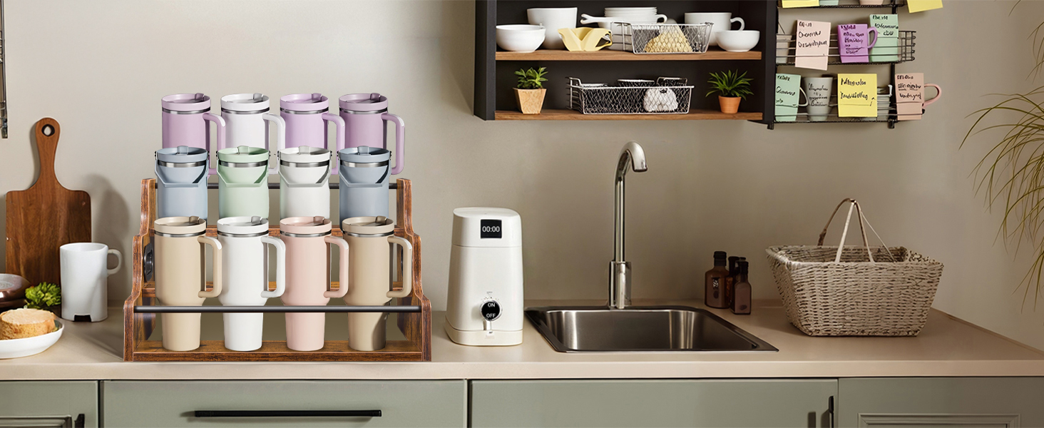 3 tier storage rack for tumblers and mugs, sturdy wood organizer for kitchen pantry space.