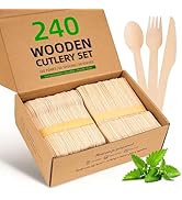 FEHHTO Wooden Disposable Utensils Set, 240 PCS Compostable Wooden Cutlery (120 Forks, 60 Spoons &...