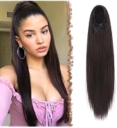 FESHFEN Ponytail Extensions Long Straight Drawstring Ponytails Natural Synthetic Hair Piece Clip ...