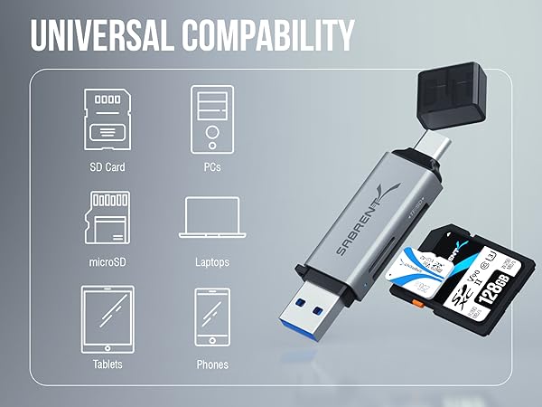 Text reads 'UNIVERSAL COMPABILITY'. Icons showing device compatibility: SD card, mobile device, tablet, laptop, and phone symbols with USB connection illustration.
