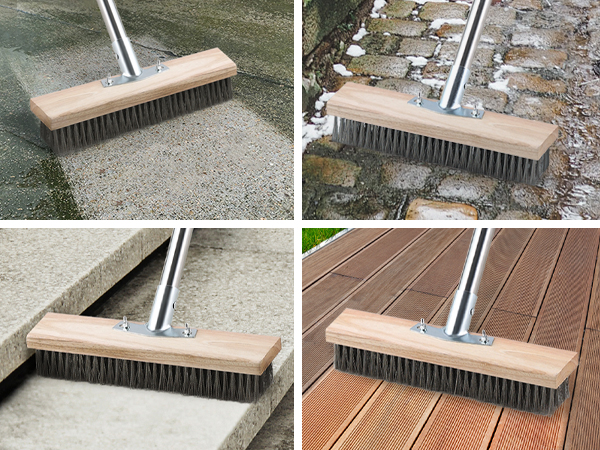Heavy-duty outdoor brush with wooden head and long metal handle, shown cleaning various surfaces including concrete, stone, and deck boards.