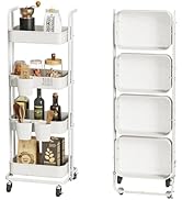 DTK 4 Tier Metal Foldable Utility Rolling Storage Cart, Handle and Locking Wheels, 3 Small Basket...