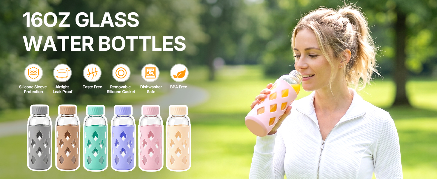 glass juice bottles with lids and straws 16oz, leak proof, bpa free
