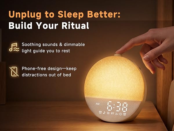Phone-free design-keep distractions out of bed,Soothing sounds & dimmable light guide you to rest