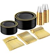 bUCLA 150 Pieces Black and Gold Disposable Dinnerware Set - 25 Guests Black Gold Plastic Plates I...
