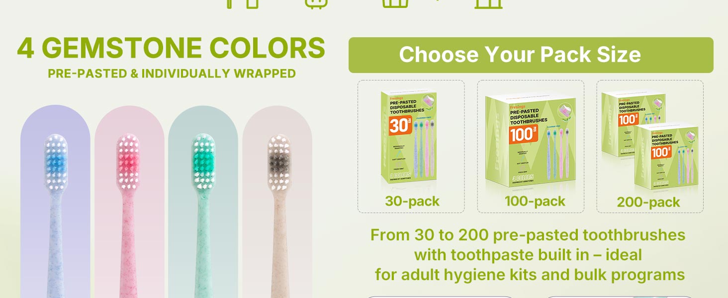 4 gemstone colors and pack sizes 30/100/200 for adult hygiene kits and bulk programs