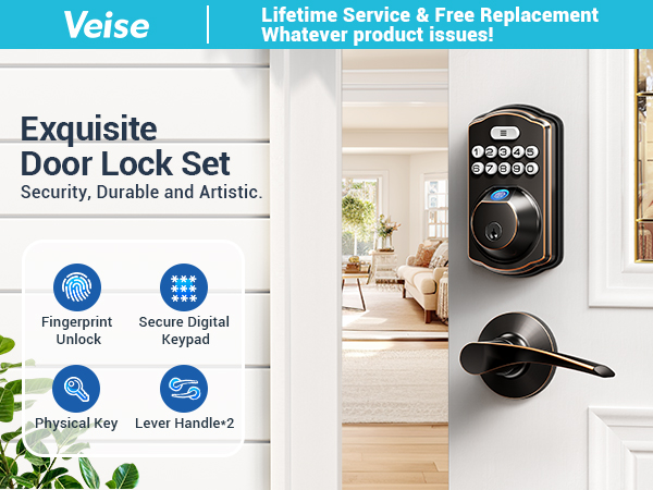 keyless entry door lock with 2 lever handles-20 fingerprints, 20 passcodes, 2 physical keys
