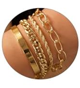 CAROVO Gold Chain Bracelets for Women, 14K Gold Plated Bracelet Set Minimalist Rope Paperclip Cuf...