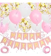 Happy Birthday Banner, Pink Birthday Decoration, 16 pcs 12 inch Happy Birthday Balloons with 2 Ri...