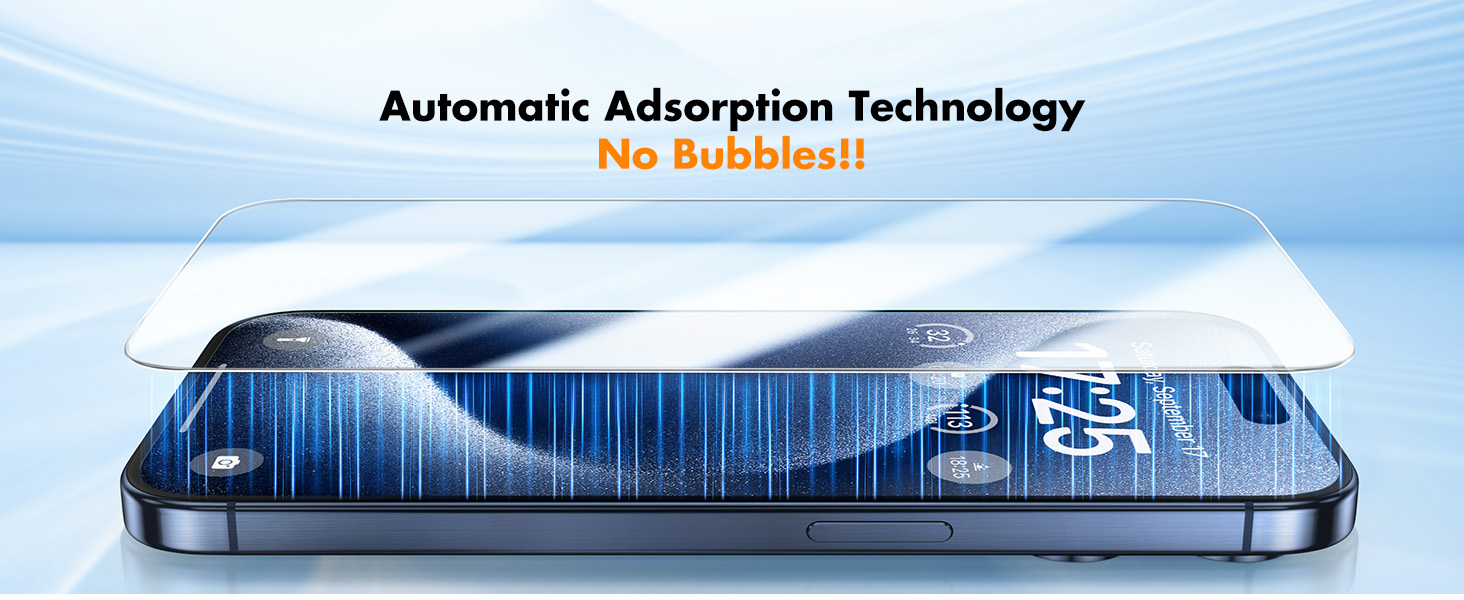 Smartphone screen protector advertisement showing 'Automatic Adsorption Technology' with 'No Bubbles!!' text. Image depicts a blue wavy pattern over a phone.