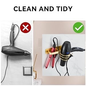 Side-by-side comparison showing improper vs proper hair dryer storage, with incorrect loose cord placement marked with X and organized wall-mounted storage marked with check.
