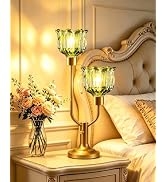 TECHYAP Flower Table Lamp for Bedroom Vintage Green Glass Lamp Dimmable | Mid Century Modern Gold...
