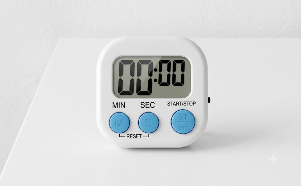 White digital timer displaying clear 00:00 digits with MIN SEC and START STOP buttons